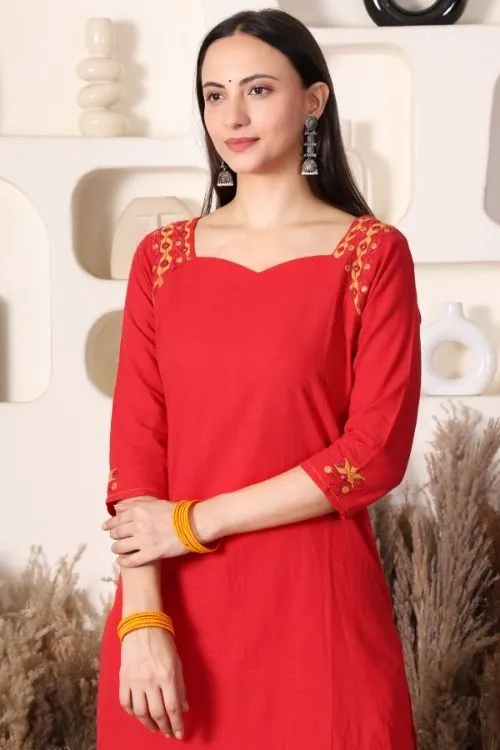 Urmul Soof Embroidery RANGU Red Kurta - Pant Set - Image 2
