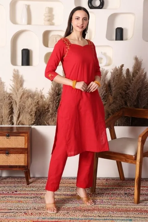 Urmul Soof Embroidery RANGU Red Kurta - Pant Set - Image 3