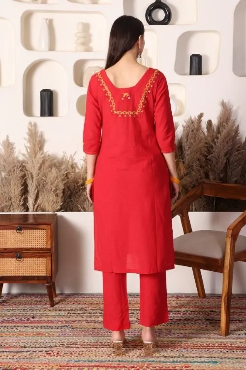 Urmul Soof Embroidery RANGU Red Kurta - Pant Set - Image 6