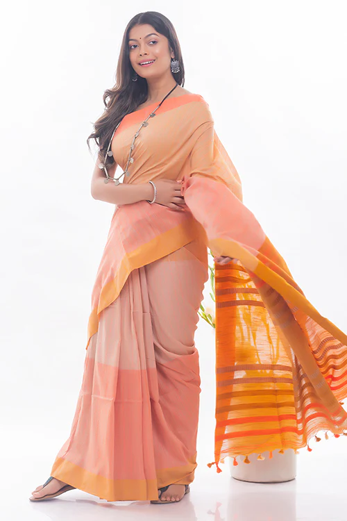 TICH Soft Bengal Handwoven & Kantha Stitch Cotton Saree - Vibrant Orange - Image 3