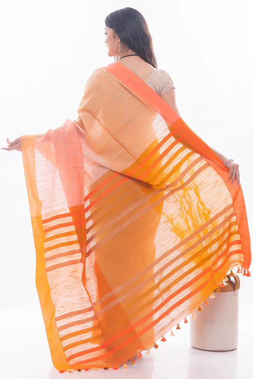 TICH Soft Bengal Handwoven & Kantha Stitch Cotton Saree - Vibrant Orange - Image 5
