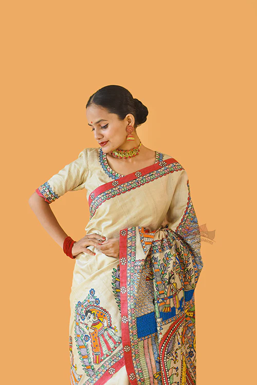 Madhubani Paints Handpainted Madhubani 'Vishnu Avatar' Tussar Silk Saree - Image 3