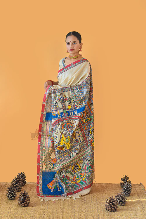 Madhubani Paints Handpainted Madhubani 'Vishnu Avatar' Tussar Silk Saree - Image 4