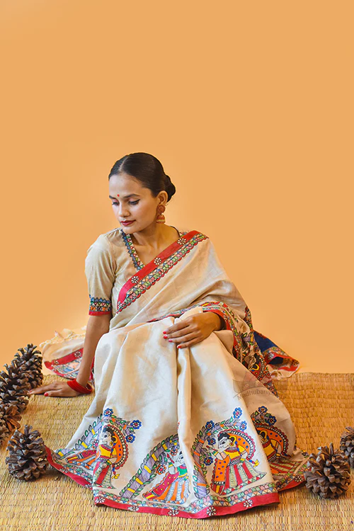 Madhubani Paints Handpainted Madhubani 'Vishnu Avatar' Tussar Silk Saree - Image 5