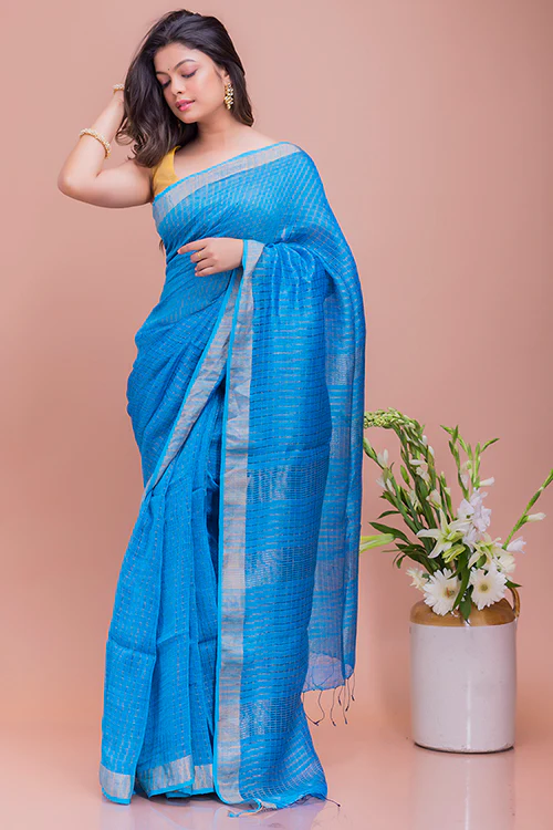 TICH Graceful Elegance. Soft Bengal Handwoven Linen Silk Zari Checked Sari - Vivid Blue & Silver - Image 4