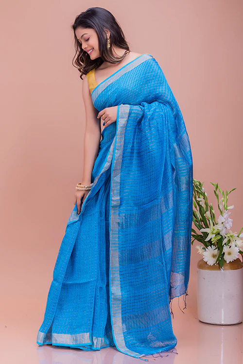TICH Graceful Elegance. Soft Bengal Handwoven Linen Silk Zari Checked Sari - Vivid Blue & Silver - Image 5