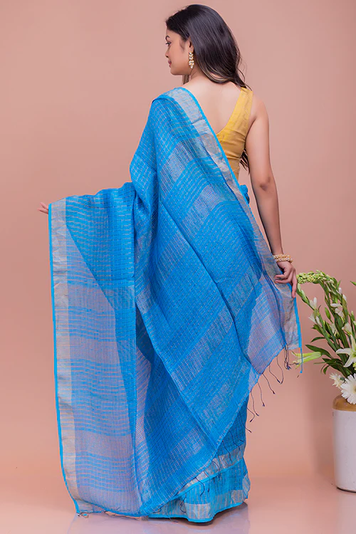 TICH Graceful Elegance. Soft Bengal Handwoven Linen Silk Zari Checked Sari - Vivid Blue & Silver - Image 6