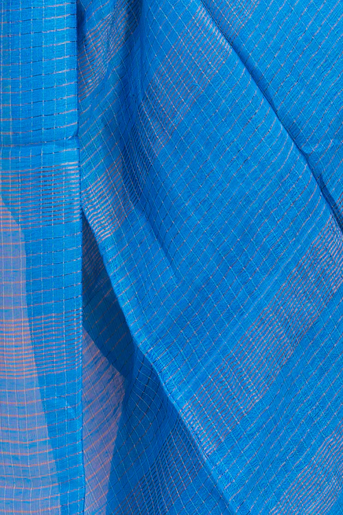 TICH Graceful Elegance. Soft Bengal Handwoven Linen Silk Zari Checked Sari - Vivid Blue & Silver - Image 7
