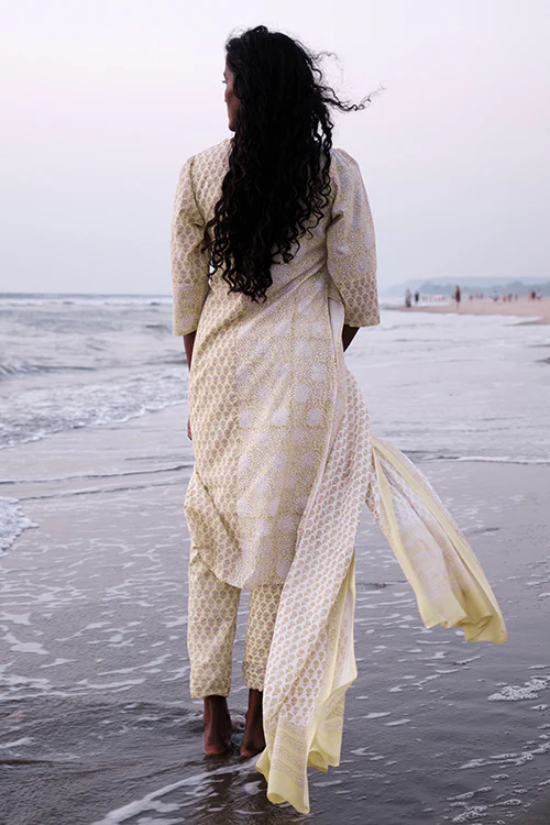 Okhai 'Warm Breeze' Mul Cotton Hand Block Printed Kurta Pant Dupatta Set - Image 4