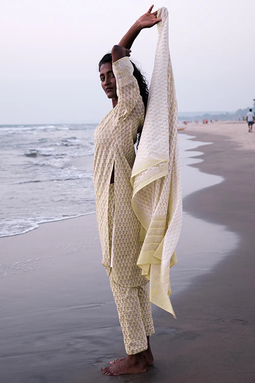 Okhai 'Warm Breeze' Mul Cotton Hand Block Printed Kurta Pant Dupatta Set - Image 5