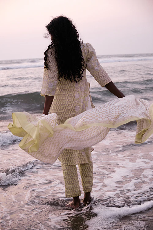 Okhai 'Warm Breeze' Mul Cotton Hand Block Printed Kurta Pant Dupatta Set - Image 6