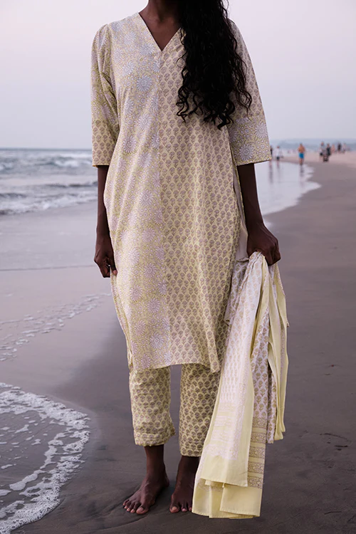 Okhai 'Warm Breeze' Mul Cotton Hand Block Printed Kurta Pant Dupatta Set - Image 7