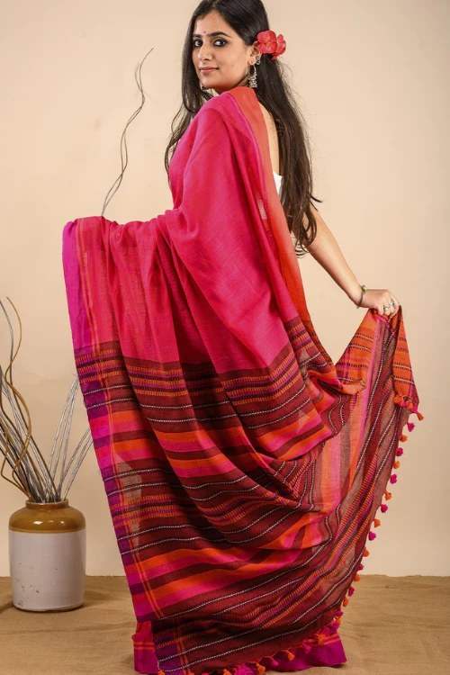TICH Soft & Graceful. Pure Handwoven Cotton Saree (With Blouse Piece) - Warm Pink - Image 3