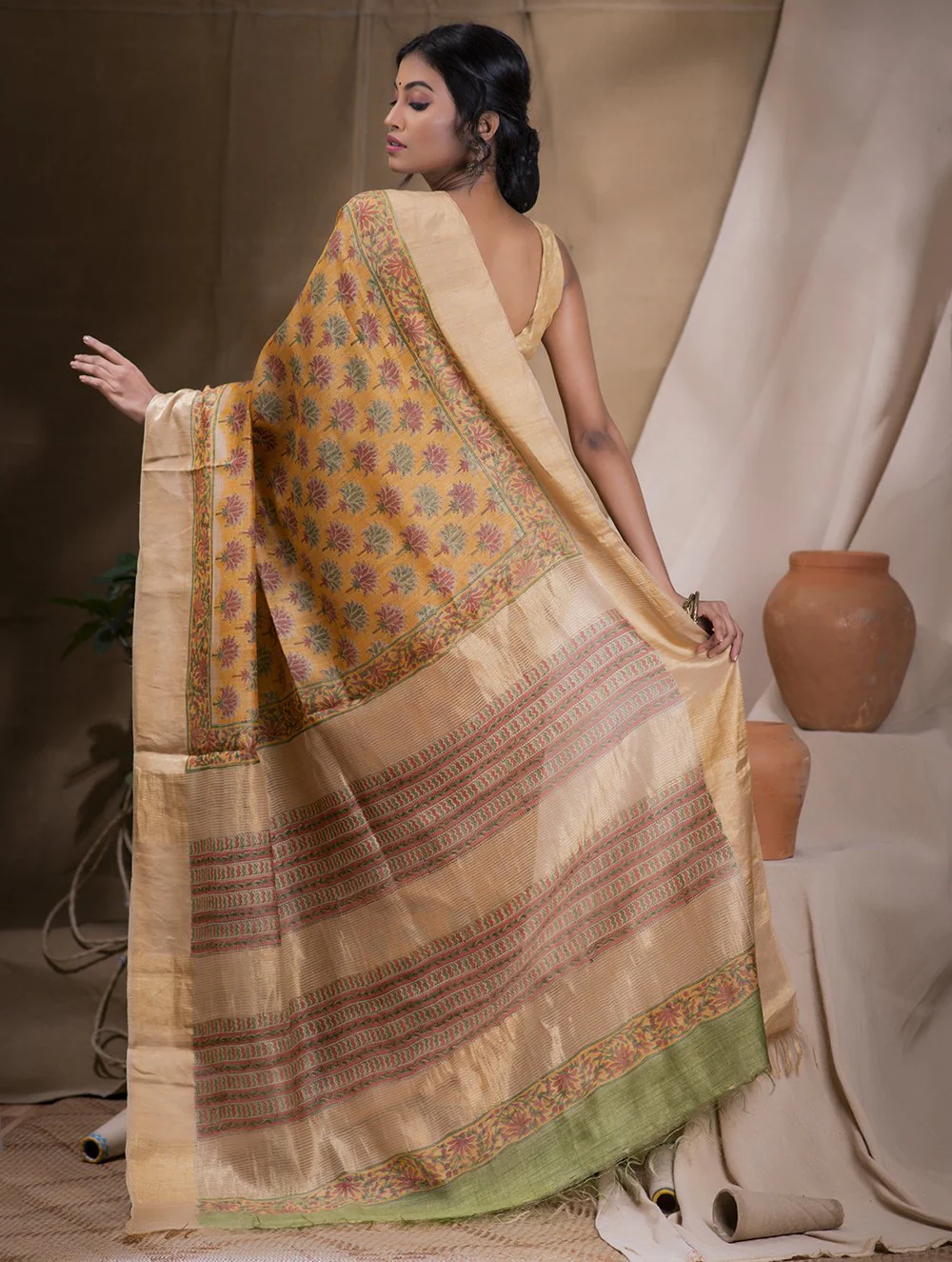 TICH Festive & Exclusive Tassar Silk Sanganeri Bagru Saree (With Blouse Piece) - Warm Yellow & Dull Gold - Image 3