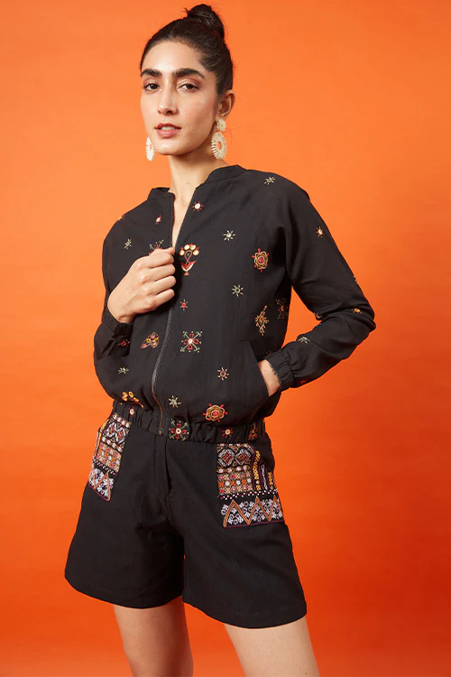 Okhai 'Warrioress' Kutch Embroidered Bomber Jacket - Image 4