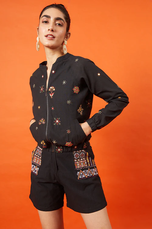 Okhai 'Warrioress' Kutch Embroidered Bomber Jacket - Image 5