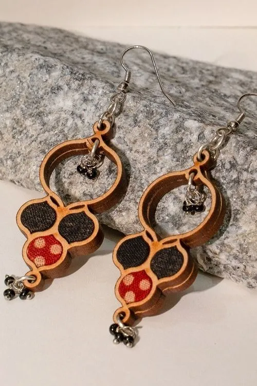 WHE Ajrakh Black Repurposed Fabric And Wood Round Danglers - Image 2