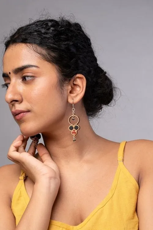 WHE Ajrakh Black Repurposed Fabric And Wood Round Danglers - Image 3