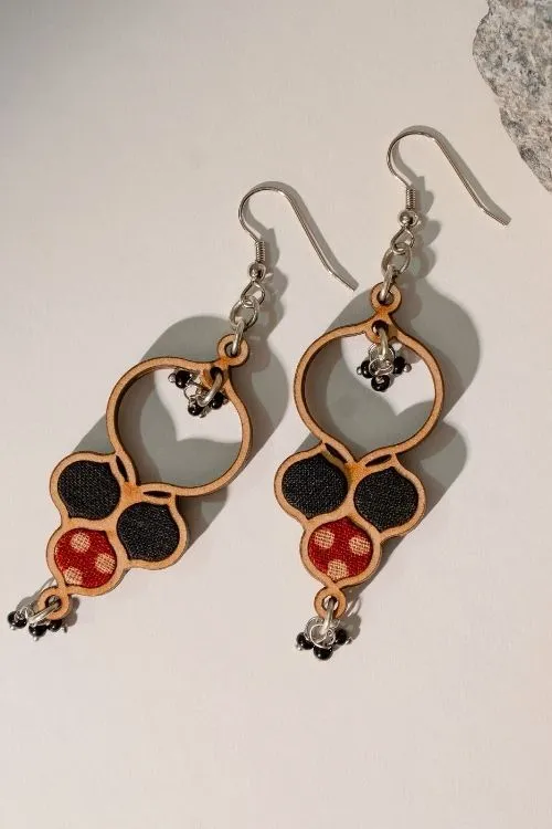 WHE Ajrakh Black Repurposed Fabric And Wood Round Danglers - Image 4