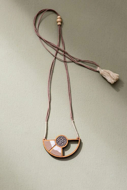 WHE Beige And White Geometrical Repurposed Fabric And Wood Adjustable Pendant Necklace - Image 4