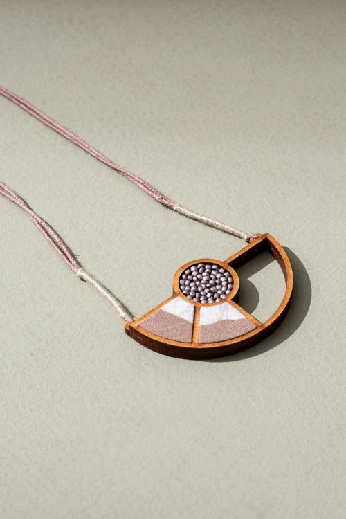 WHE Beige And White Geometrical Repurposed Fabric And Wood Adjustable Pendant Necklace - Image 5