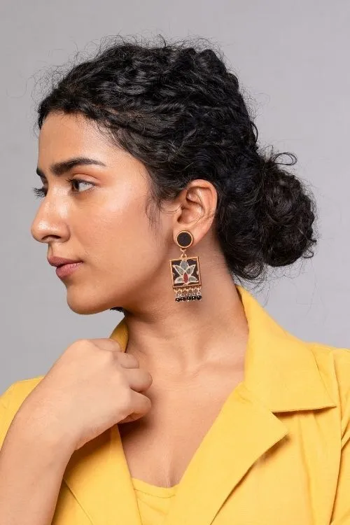 WHE Black Ajrakh Hand Block Printed Repurposed Fabric And Wood Earrings - Image 2