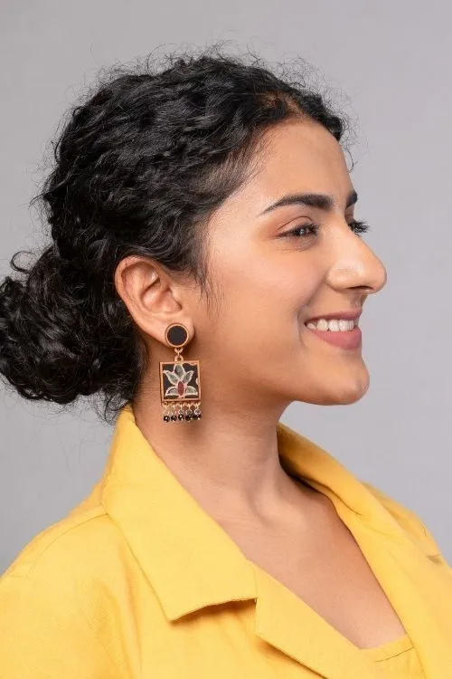 WHE Black Ajrakh Hand Block Printed Repurposed Fabric And Wood Earrings - Image 3