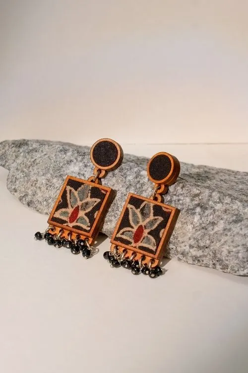 WHE Black Ajrakh Hand Block Printed Repurposed Fabric And Wood Earrings - Image 4