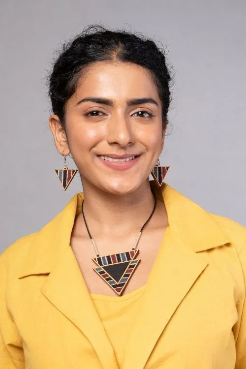 WHE Black Ajrakh Repurposed Fabric And Wood Triangular Necklace - Image 2