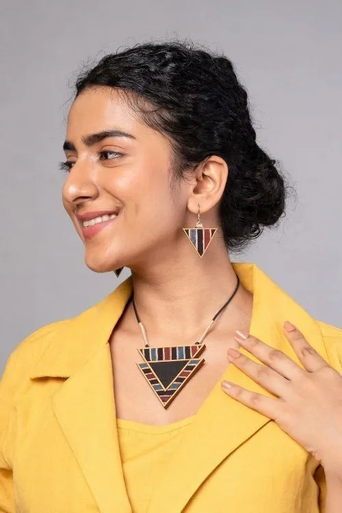 WHE Black Ajrakh Repurposed Fabric And Wood Triangular Necklace - Image 3