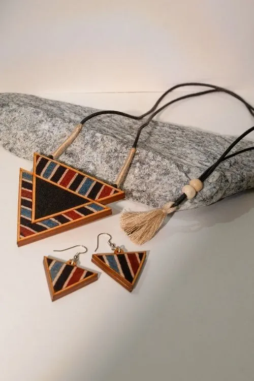 WHE Black Ajrakh Repurposed Fabric And Wood Triangular Necklace - Image 4