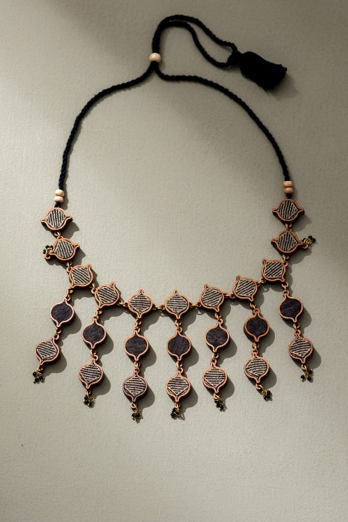 Whe Black And Gold Festive Multi Layered Upcycled Fabric & Repurposed Wood Necklace - Image 6
