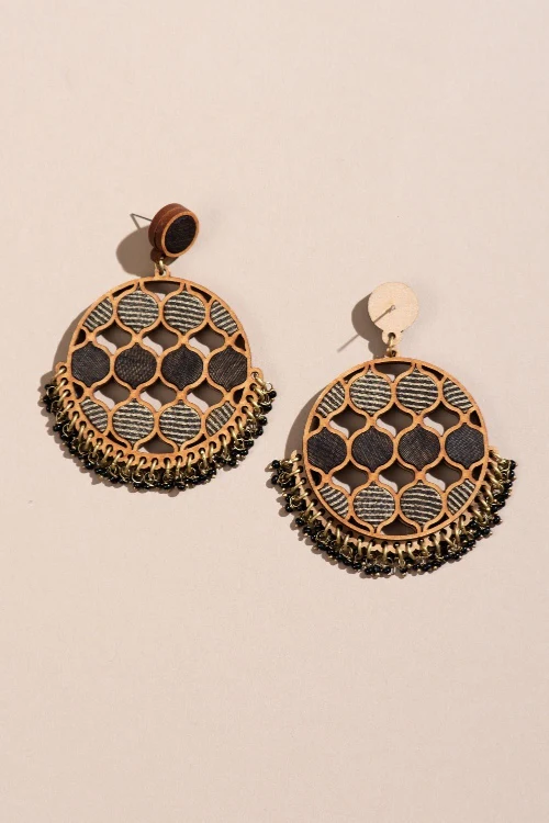 Whe Black Festive Round Upcycled Fabric & Repurposed Wood Earrings - Image 4