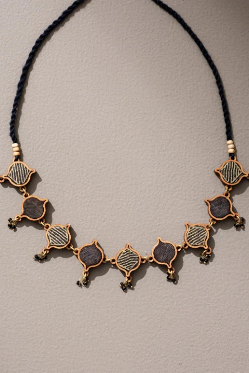 Whe Black Festive Upcycled Fabric & Repurposed Wood Choker Necklace