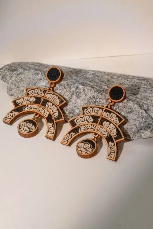 WHE Black Kalamkari Floral Arch Repurposed Fabric And Wood Statement Earrings - Image 2