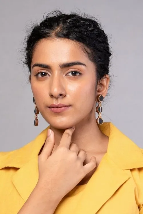 WHE Black Repurposed Fabric And Wood Connecting Round Earrings
