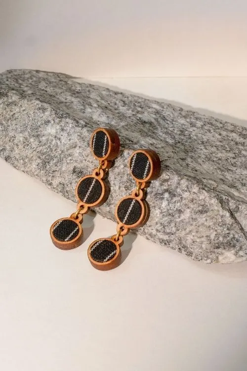 WHE Black Repurposed Fabric And Wood Connecting Round Earrings - Image 2