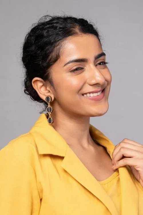 WHE Black Repurposed Fabric And Wood Connecting Round Earrings - Image 3