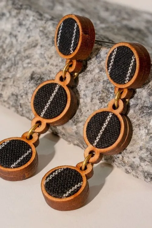 WHE Black Repurposed Fabric And Wood Connecting Round Earrings - Image 4