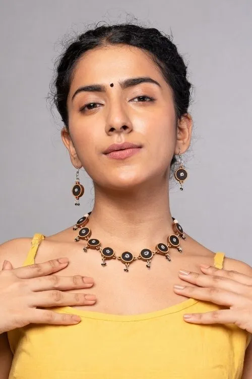 WHE Black Repurposed Fabric And Wood Necklace
