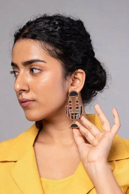 WHE Black Stripe Ajrakh Repurposed Fabric And Wood Earrings - Image 2