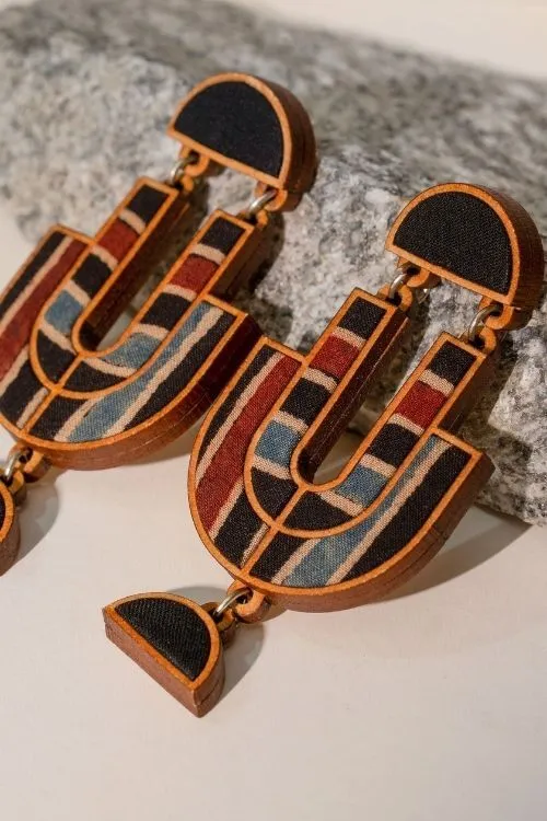 WHE Black Stripe Ajrakh Repurposed Fabric And Wood Earrings - Image 3