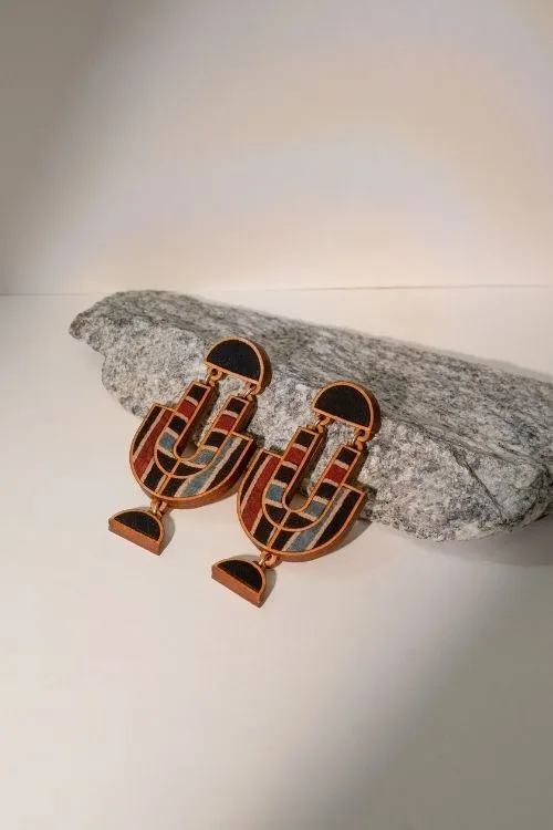 WHE Black Stripe Ajrakh Repurposed Fabric And Wood Earrings - Image 4