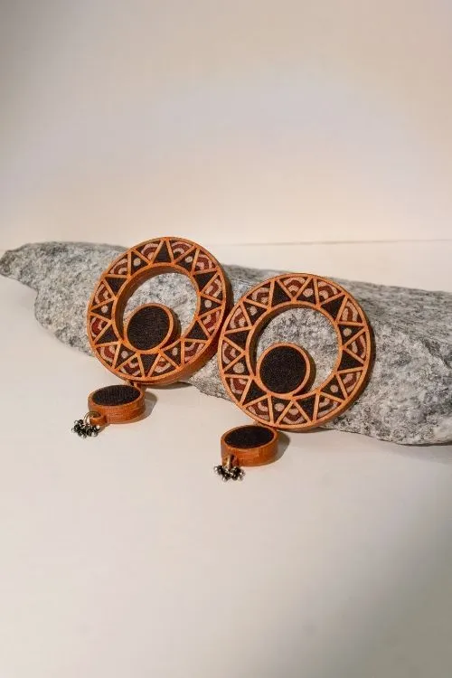 WHE Black WHEel Repurposed Ajrakh Fabric And Wood Earrings - Image 3