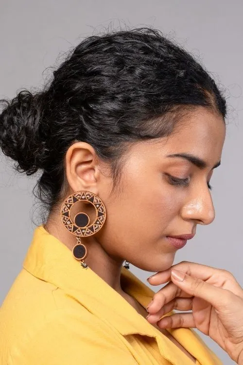WHE Black WHEel Repurposed Ajrakh Fabric And Wood Earrings - Image 4
