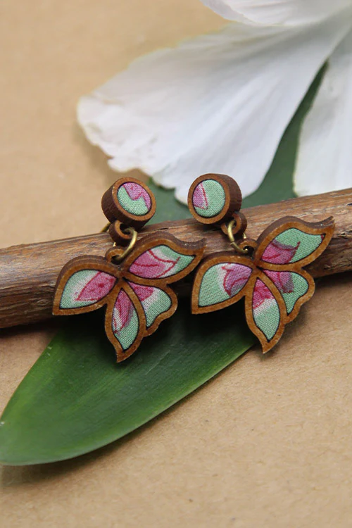 WHE Bloom Flower Motif Repurposed Fabric and Wood Mint Lavender Earring - Image 3
