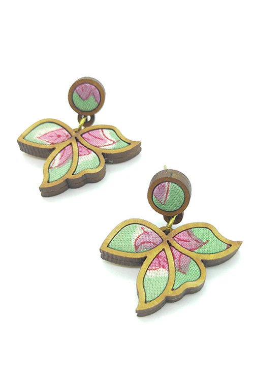 WHE Bloom Flower Motif Repurposed Fabric and Wood Mint Lavender Earring - Image 4