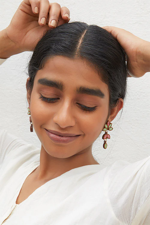 WHE Bloom Leaf Motif Repurposed Fabric and Wood Mint Pink Earring - Image 2