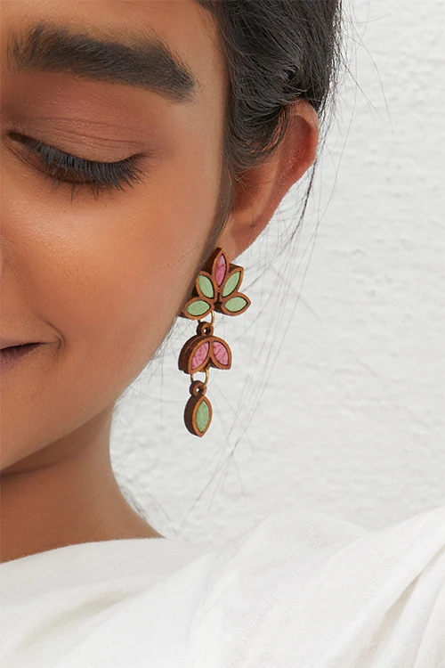 WHE Bloom Leaf Motif Repurposed Fabric and Wood Mint Pink Earring - Image 3