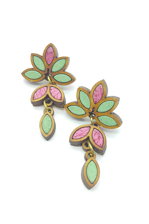 WHE Bloom Leaf Motif Repurposed Fabric and Wood Mint Pink Earring - Image 4